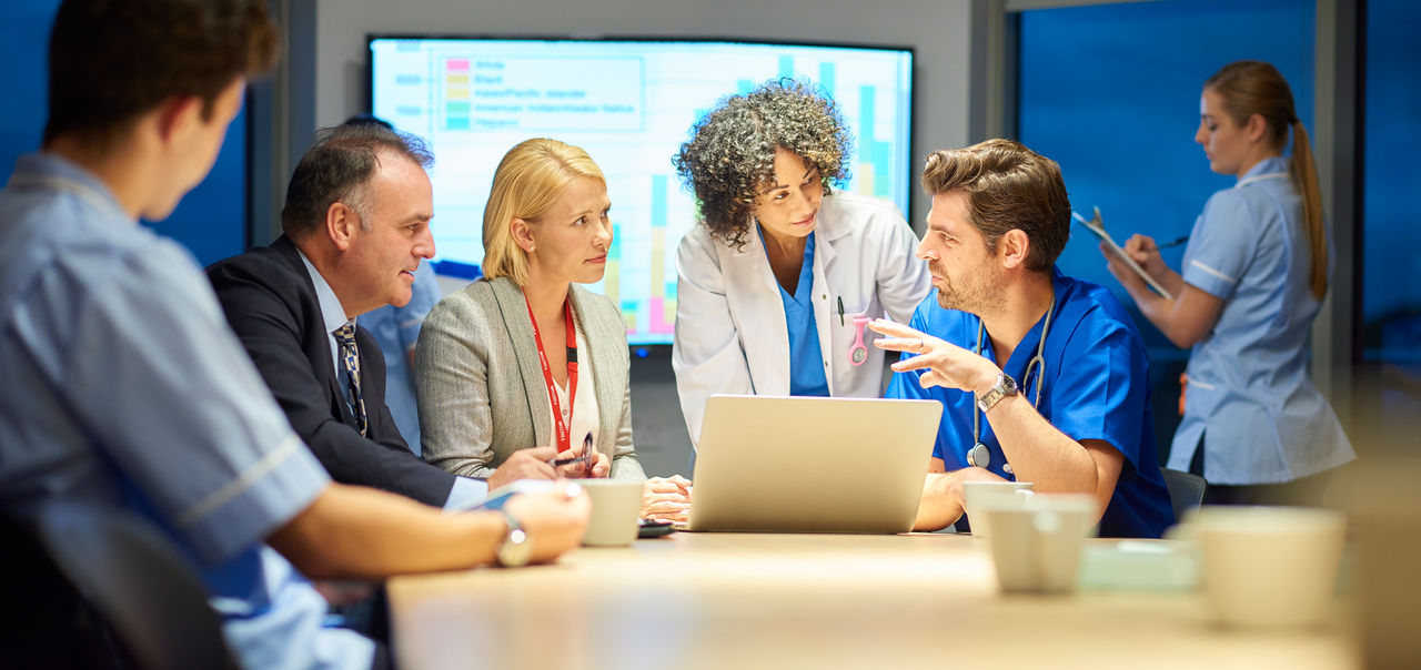 a mixed group of healthcare professional and business people meet around a conference table .